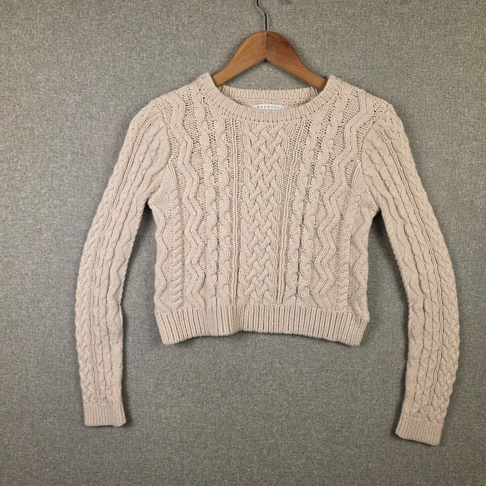 Kendall + Kylie Cream Cable Knit Cropped Sweater XS Beige Cotton Blend Crew Neck